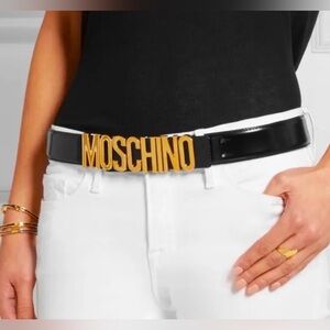 Moschino Black Leather Gold Letter Logo Belt - 48